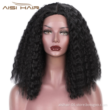 Aisi Hair Top Quality Medium Long Natural Black Wig Synthetic Lace Front Wig Middle Part Afro Curly Kinky Hair Wigs For Women